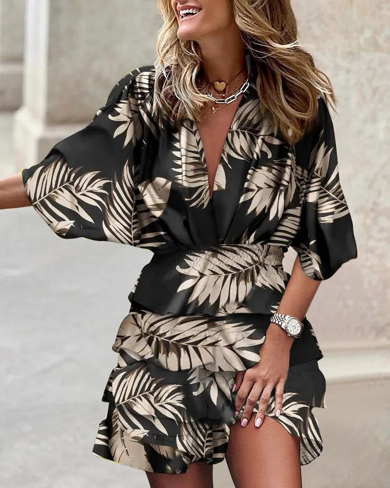 xakxx- 7 Colors Women Summer Dress V Neck Batwing Sleeve Ruffle Mini Dress Female Geometric Multicolor Boho Beach Party Dresses