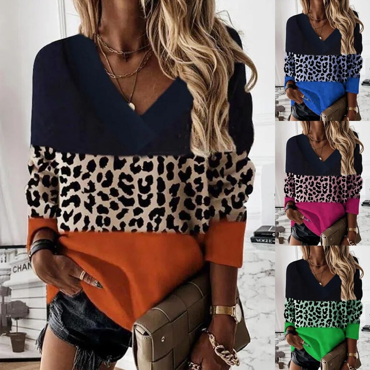 xakxx- 4 Color Patchwork Leopard Print T Shirt Women's V Neck Long Sleeved Lady Autumn Casual Pullover Leopard Tops Oversized 5XL