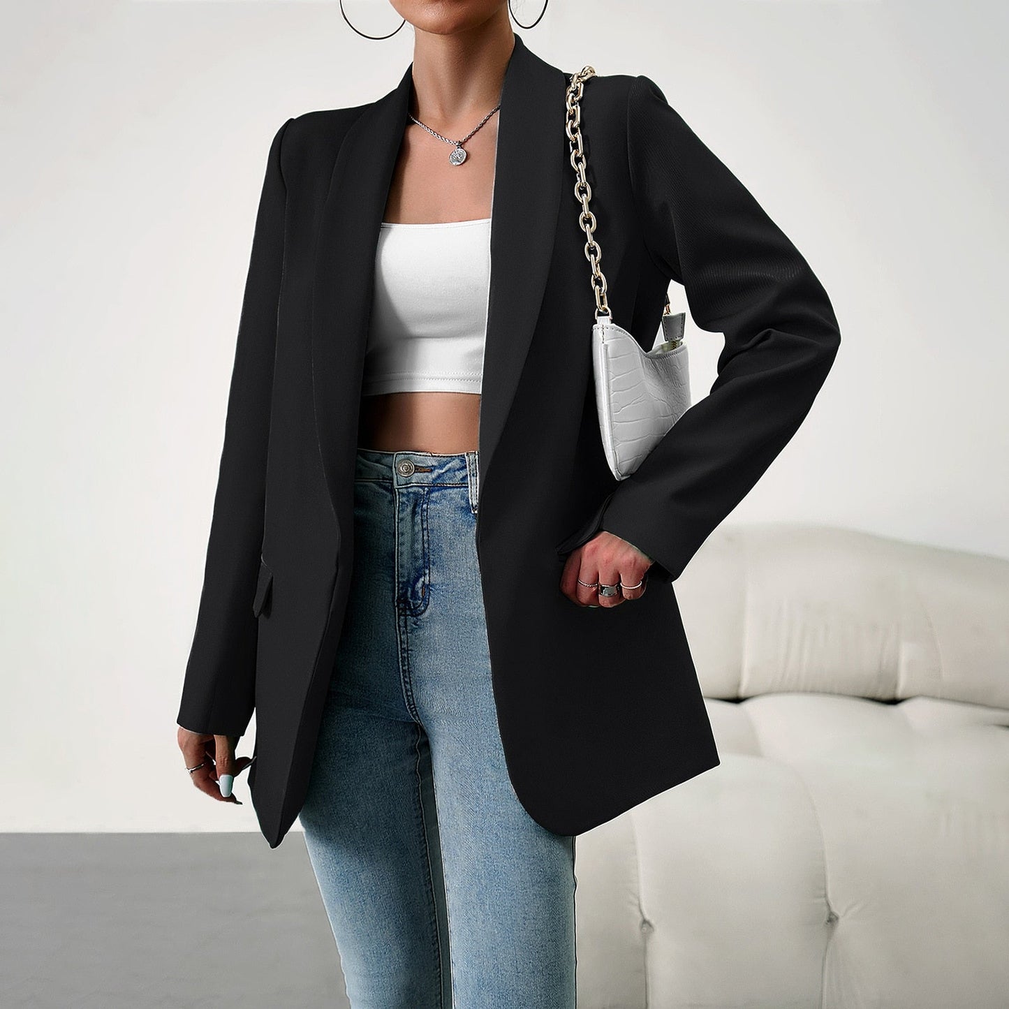 xakxx Women's Tops Coat Temperament Commuter Blazer Regular Sleeve Blazer Collar Solid Color Thin Blazer Jacket Women Clothing