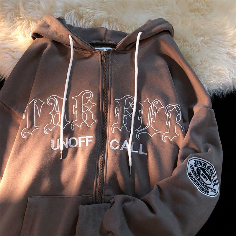 xakxx Vintage Oversized Hoodies Women Letter Printing Zip Up Sweatshirts Streetwear Casual Long Sleeve Hooded Sweatshirt Clothes Top