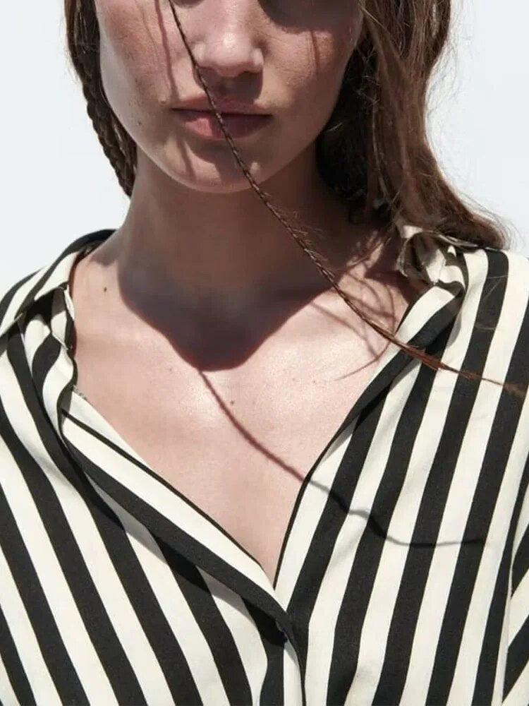 xakxx xakxx - New women's long-sleeved lapel V-neckline Front design with knot decoration Front breasted closure Linen blend stripe shirt