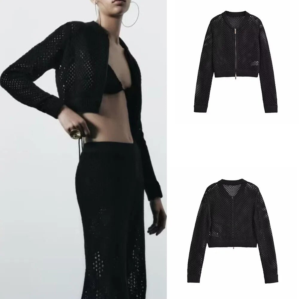 xakxx- New women's clothing temperament fashion versatile stand collar long sleeve hollow knit short bomber jacket