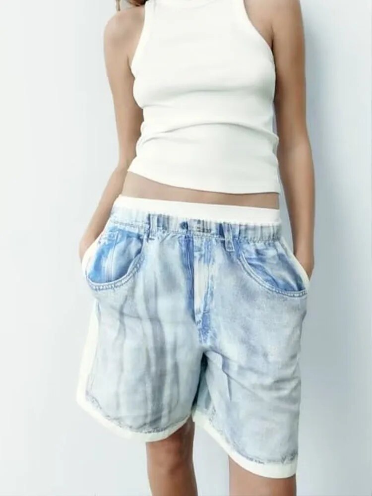xakxx xakxx - New women's denim sleeveless lapel shirt printed silk texture shirt casual shorts high waist suit