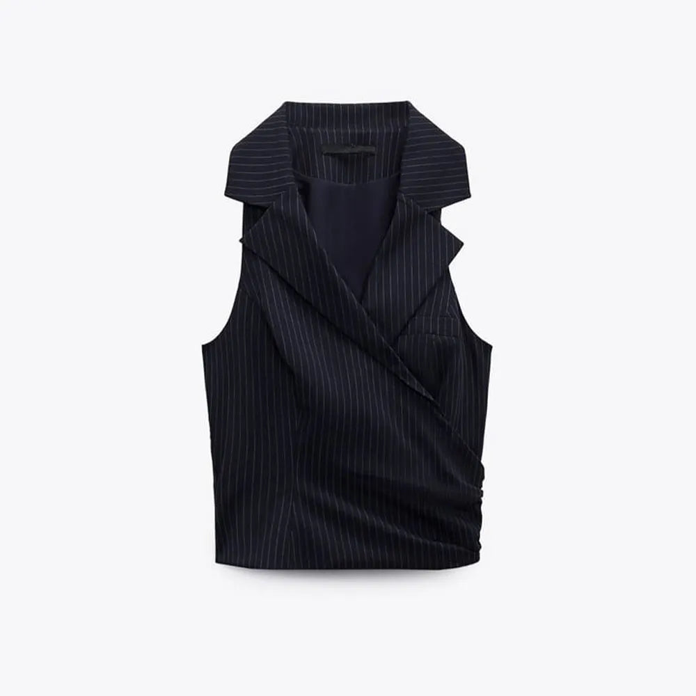 xakxx xakxx- Autumn New Temperament Fashion Versatile Sexy Design Sense Small Polo Collar Sleeveless Pinstripe Suit Vest Vest