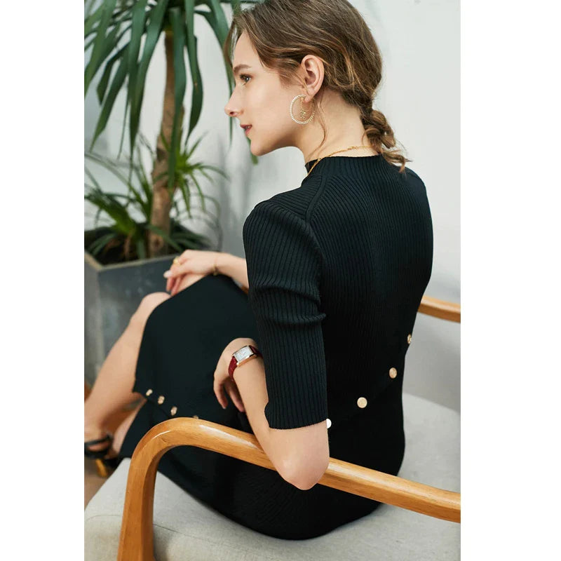 xakxx xakxx Summer Women Crew Neck Metalic Button Side Black Knited Mini Dress Office Lady Black Robe High Quality