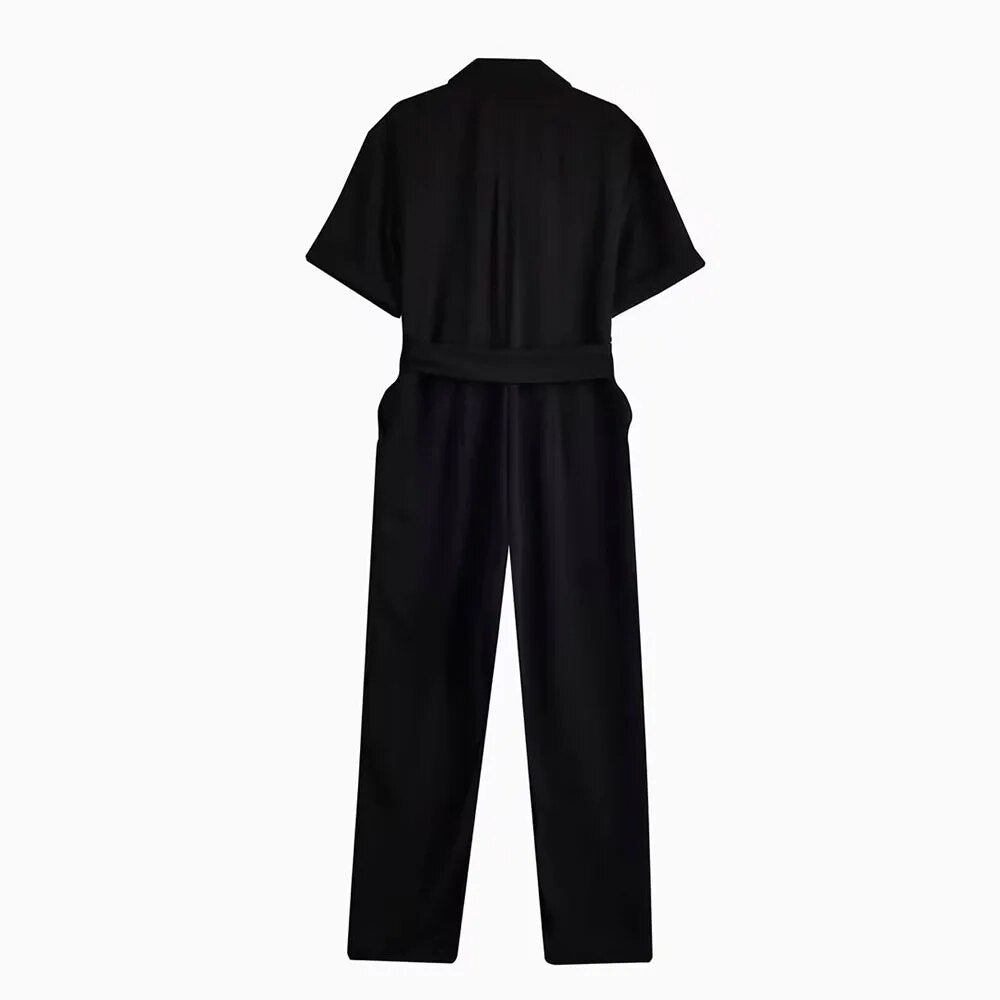xakxx xakxx - Spring New Women's Front Pocket Stitch Hidden Zipper Closure Black Belt Zipper Polo Short Sleeve Bodysuit