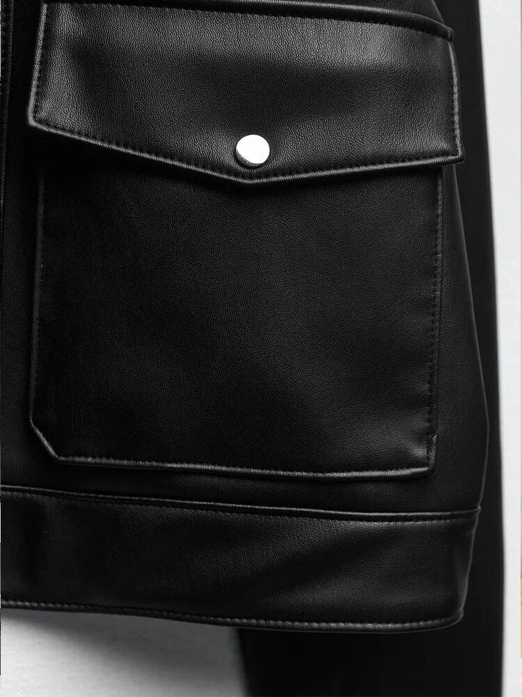 xakxx- spring new women's black loose casual hundred sexy Riley retro lapel temperament imitation leather jacket jacket