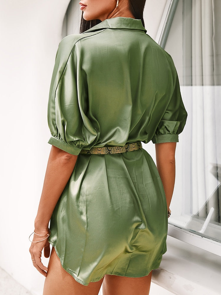 xakxx Women Autumn Fashion Long Sleeve Casual Short Dress Satin Ruched Shirt Dress Without Belt