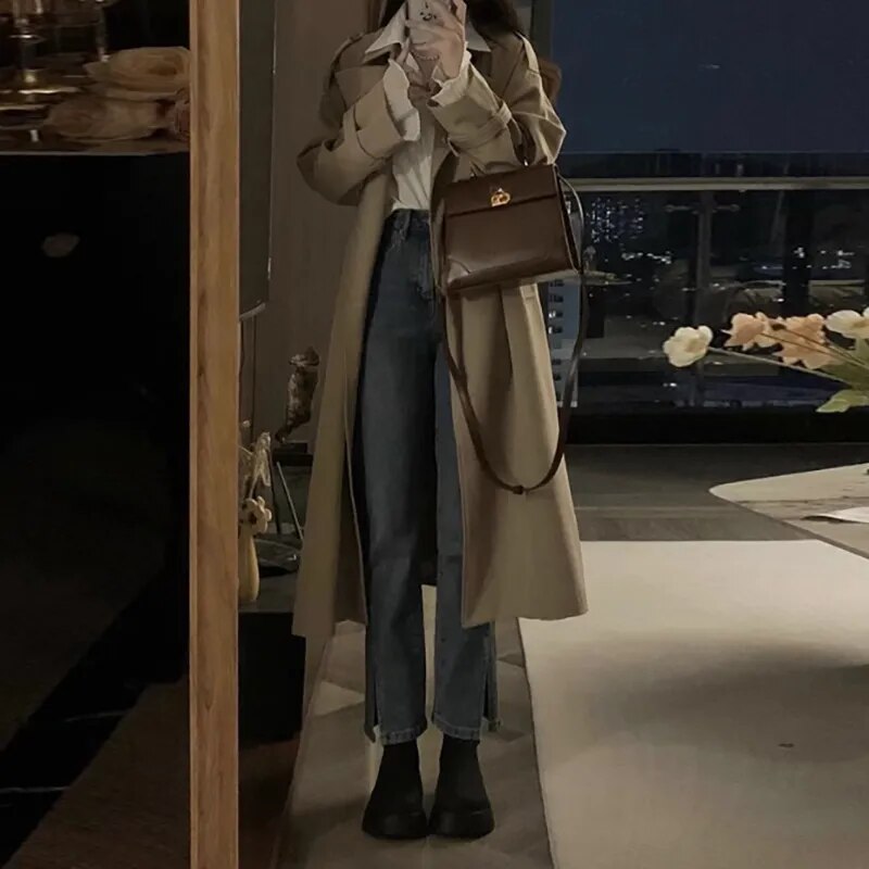 xakxx xakxx-Khaki Trench Coat Women Long Windbreaker Autumn Fashion Chic British Style Double Breasted Trench Coat For Women Plus Size