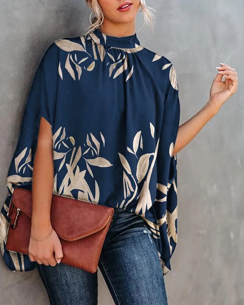xakxx- Elegant Bat Sleeve Blouse Lady Large Size High Collar Half Sleeve t Shirt Female Autumn Party Evening Clothing
