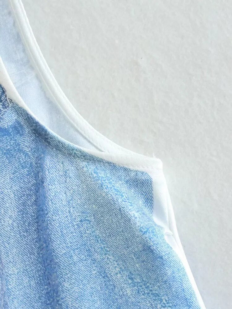 xakxx xakxx - New women's denim sleeveless lapel shirt printed silk texture shirt casual shorts high waist suit