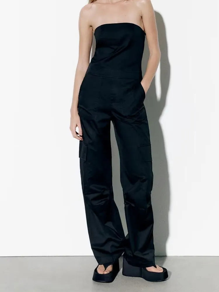 xakxx xakxx- New women's off-shoulder design, concealed zipper closure at side seam, long workwear jumpsuit