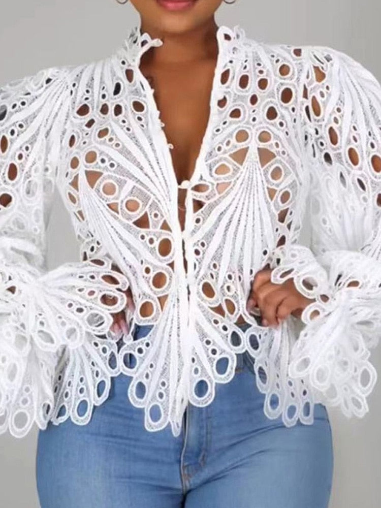 xakxx Women Sexy Hollow-Out Blouses Shirts Top Night Club Style Bell Sleeve Long Sleeve Blouse