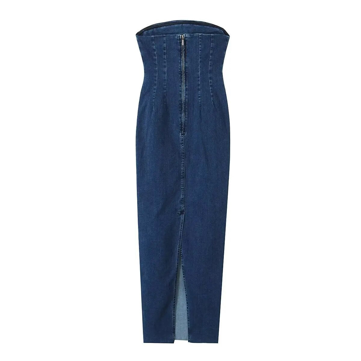 xakxx- New women's clothing temperament fashion casual one-neck tube top slim fit raw edge slit denim dress