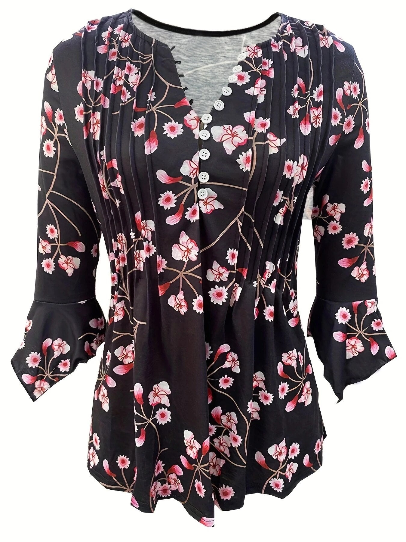 xakxx xakxx- New Printed Shirt Women V Neck Button Fold Mid Sleeve Lady High Quality Elegant Top Autumn Blouse