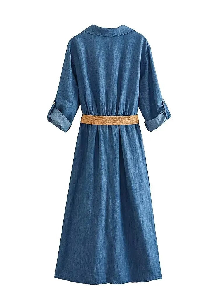 xakxx- New Women's Casual Chic Front Patch Pockets Front Button Closure Contrasting Belt Linen Blend Shirt Dress