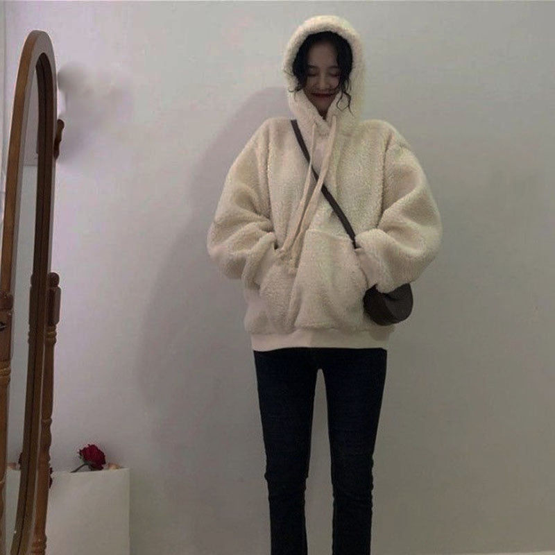 xakxx Thanksgiving Lamb Cashmere Hoodies Sweatshirts Women Autumn Long Sleeve Thick Warm Pullover Korean Loose Hairy Hoodie Top Female