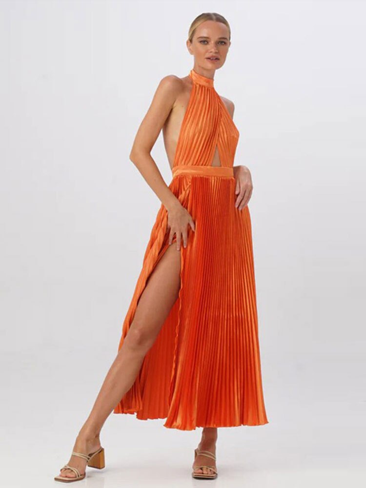 xakxx Women Chic Solid Hollow Out Lace Up Dresses Spring Casual Solid Slim A Line Beach Robe Sexy Halter Backless Slit Pleated Dress