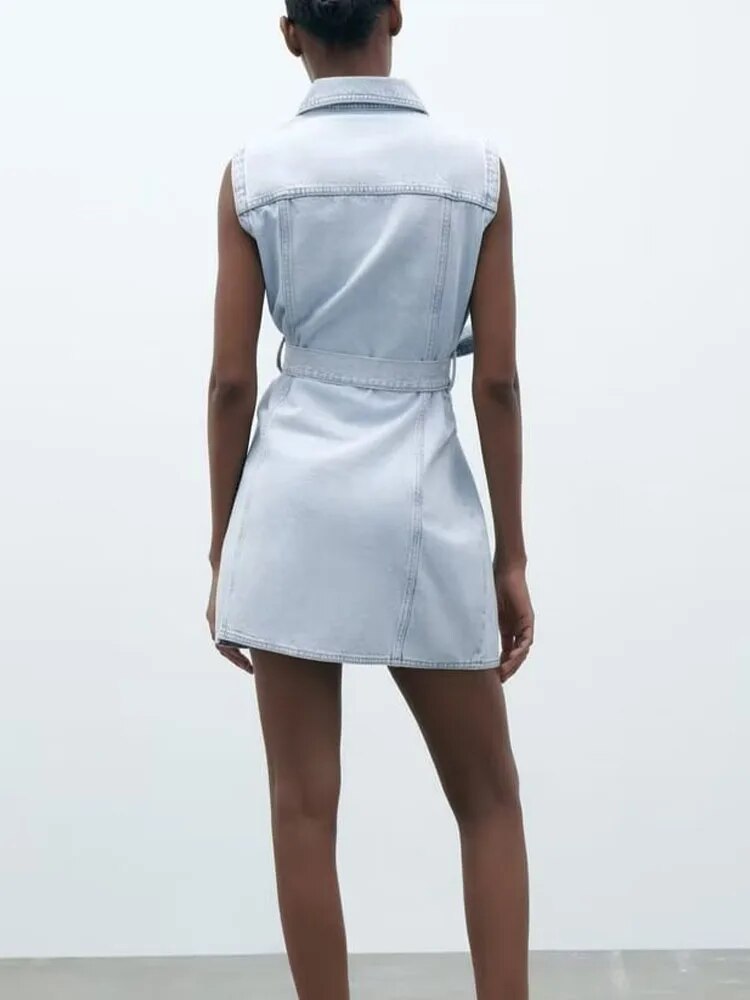 xakxx- New women's clothing, temperament, fashion, casual fashion, all-match denim dress with the same fabric bow belt and belt