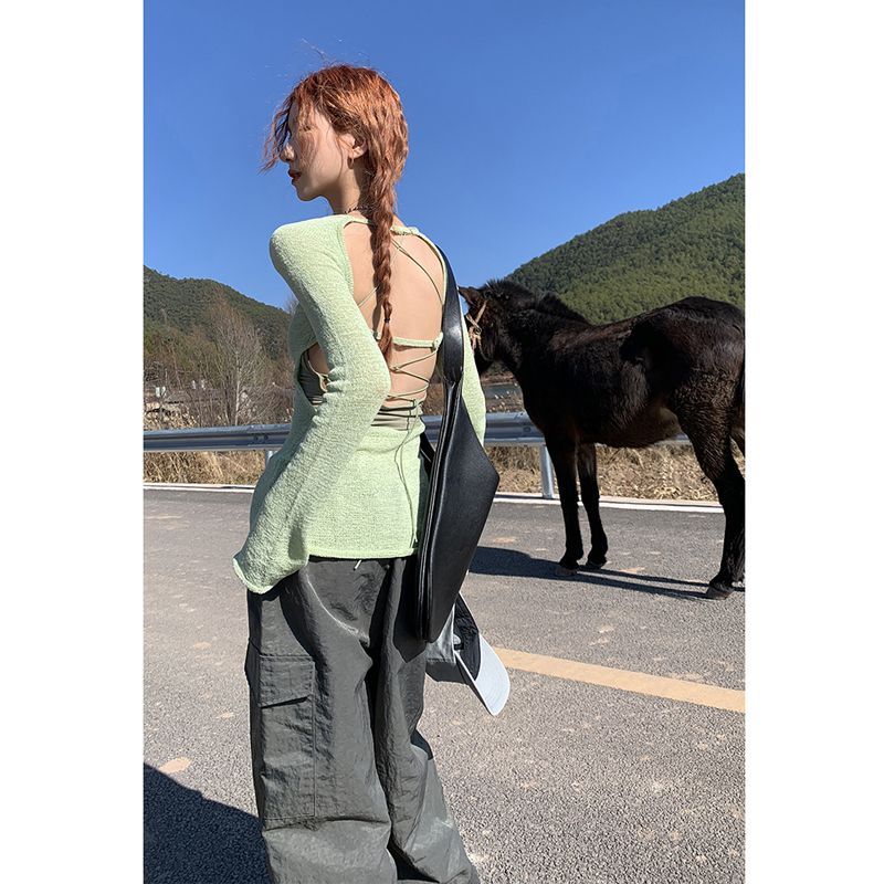 xakxx Summer Thin Green Pullover Women Vintage O-neck Backless Long Sleeve Tops Hollow Out Knit Sweater Sunscreen Y2K T-shirts