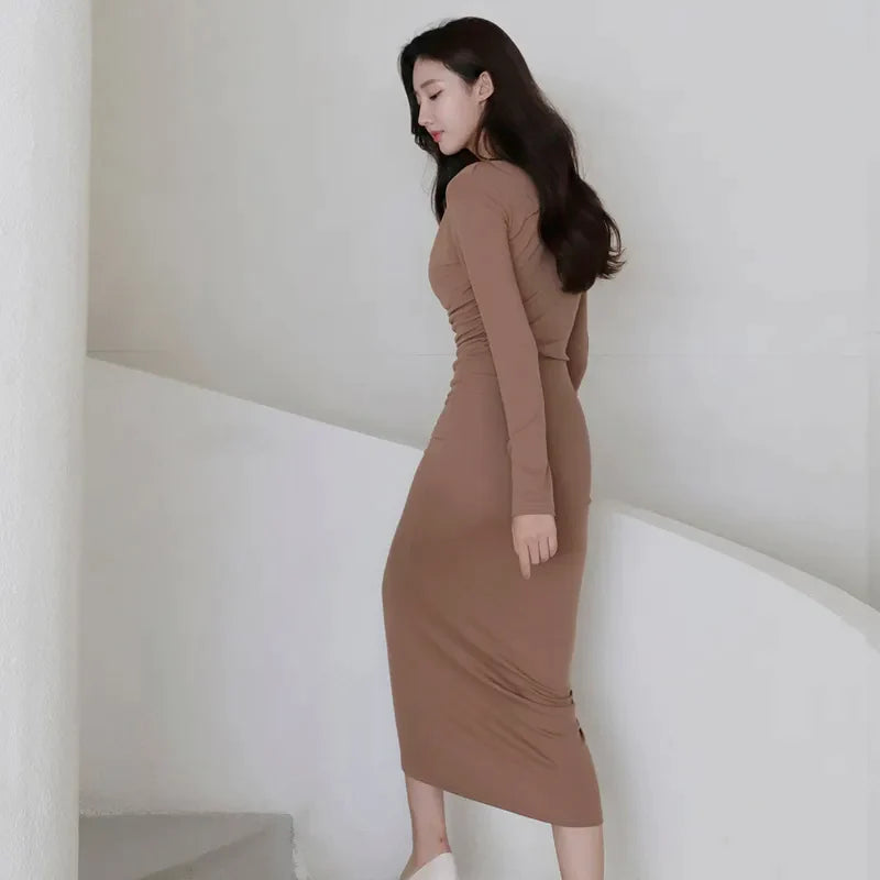 xakxx Women Long Sleeve Autumn Plie Neck Ruched Bodycon Slim Dress Office Ladies Party Sexy Ankle-Length Vestidos Femme Clothes