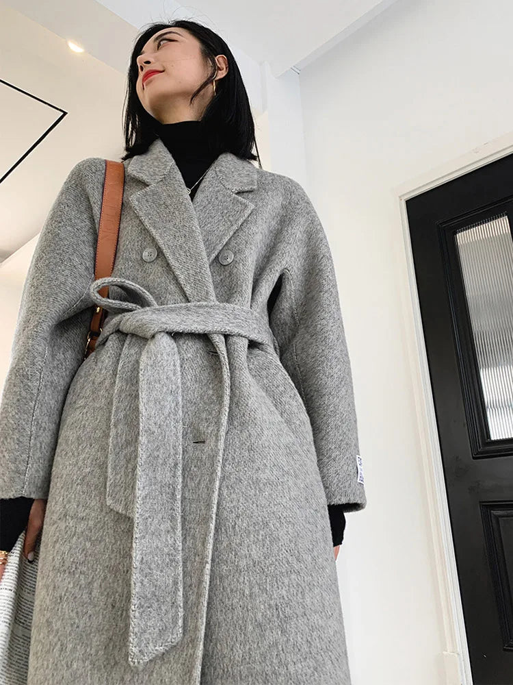 xakxx-New High-end Women Wool Herringbone Loose Double-sided Wool Coat Temperament Handmade Natural Wool Fashion Jacket Autumn Winter