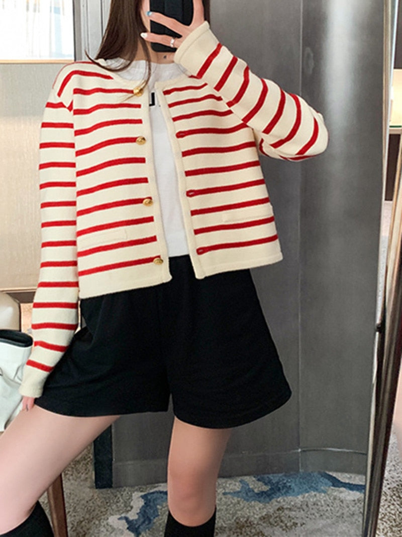 xakxx Women Single Breasted Striped Cardigan Jacket O-Neck Long Sleeve Casual Slim Short Knitted Coat for Ladies Spring