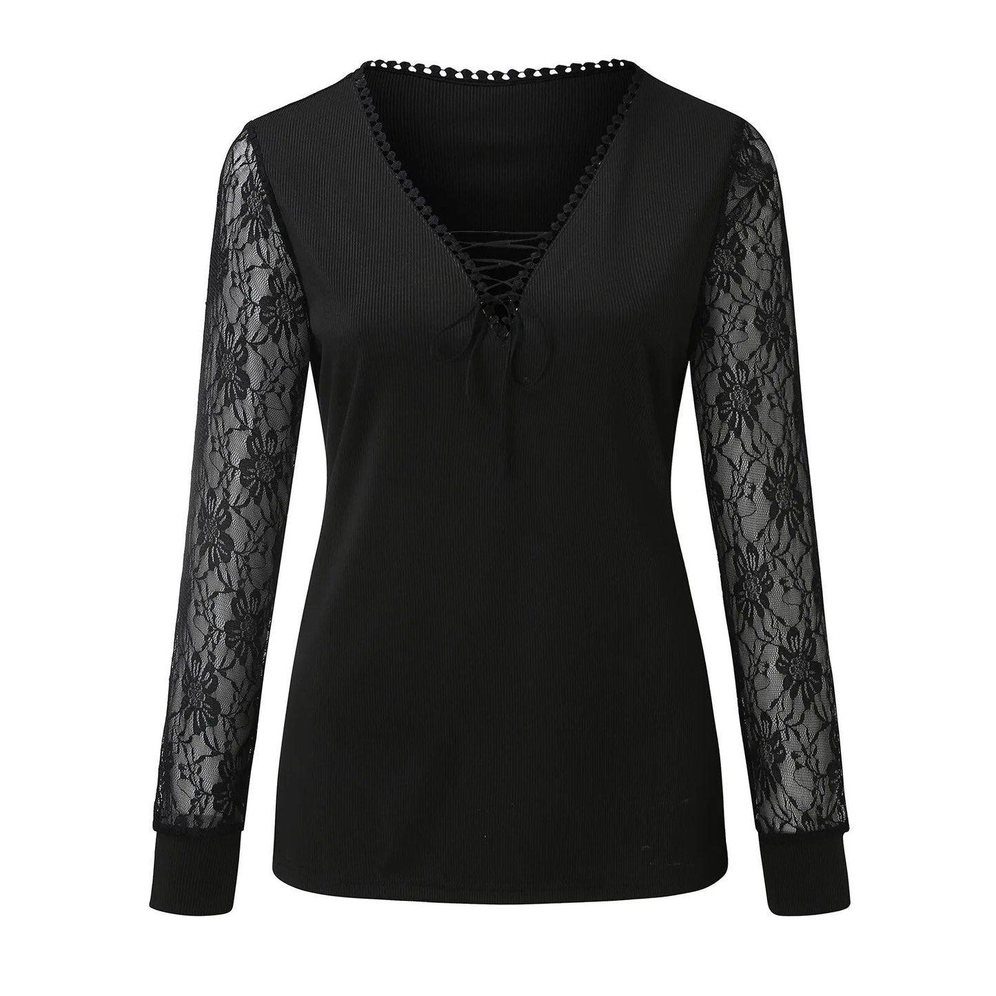 xakxx- Black Lace Perspective Long Sleeve Blouse Female Sexy Deep V Neck Tops women Spring Autumn Pullover T Shirt Clothes