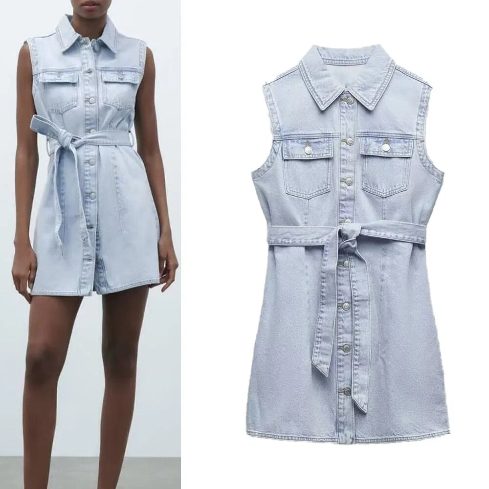 xakxx- New women's clothing, temperament, fashion, casual fashion, all-match denim dress with the same fabric bow belt and belt
