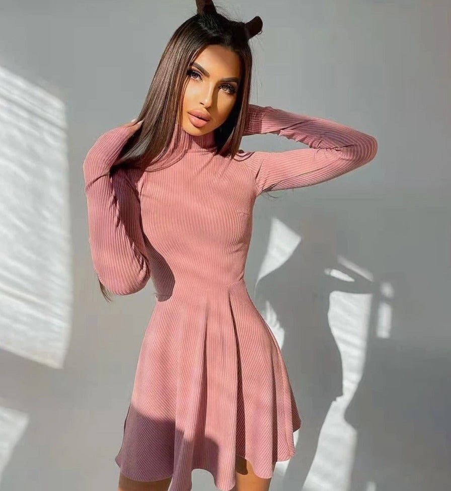 xakxx Spring Long Sleeve Solid Dress Girl A-line Pleated Skirt Prom Party Dance Clothes French Hollow Backless Dress for Women