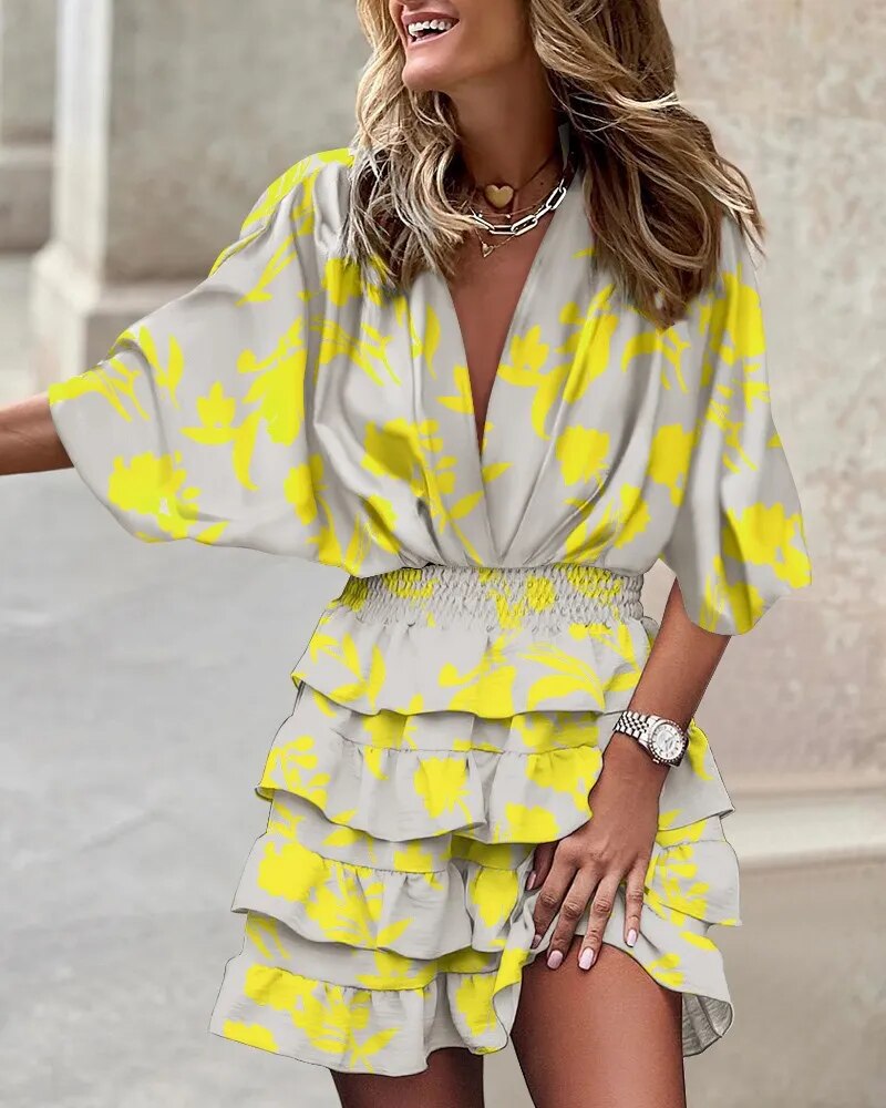 xakxx- 7 Colors Women Summer Dress V Neck Batwing Sleeve Ruffle Mini Dress Female Geometric Multicolor Boho Beach Party Dresses