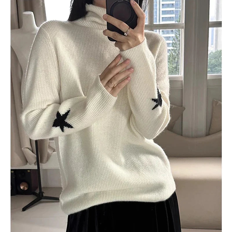 xakxx xakxx-Pure cashmere thick high-necked bottoming shirt female gold ingot needle pile collar knitted cuff star sweater