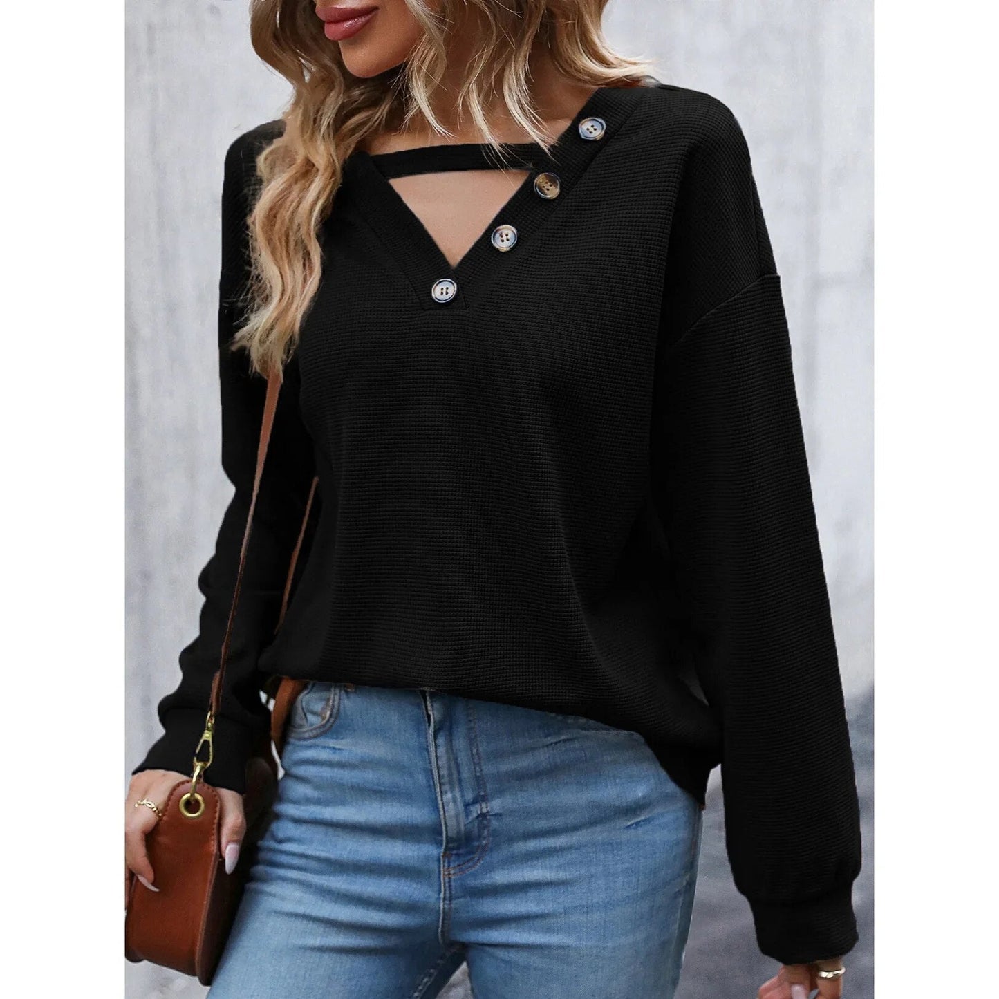 xakxx xakxx- Autumn Hollow Out V Neck Tops Women Fashion Solid Color Long Sleeve Pullovers Female Casual Loose Y2k Clothes