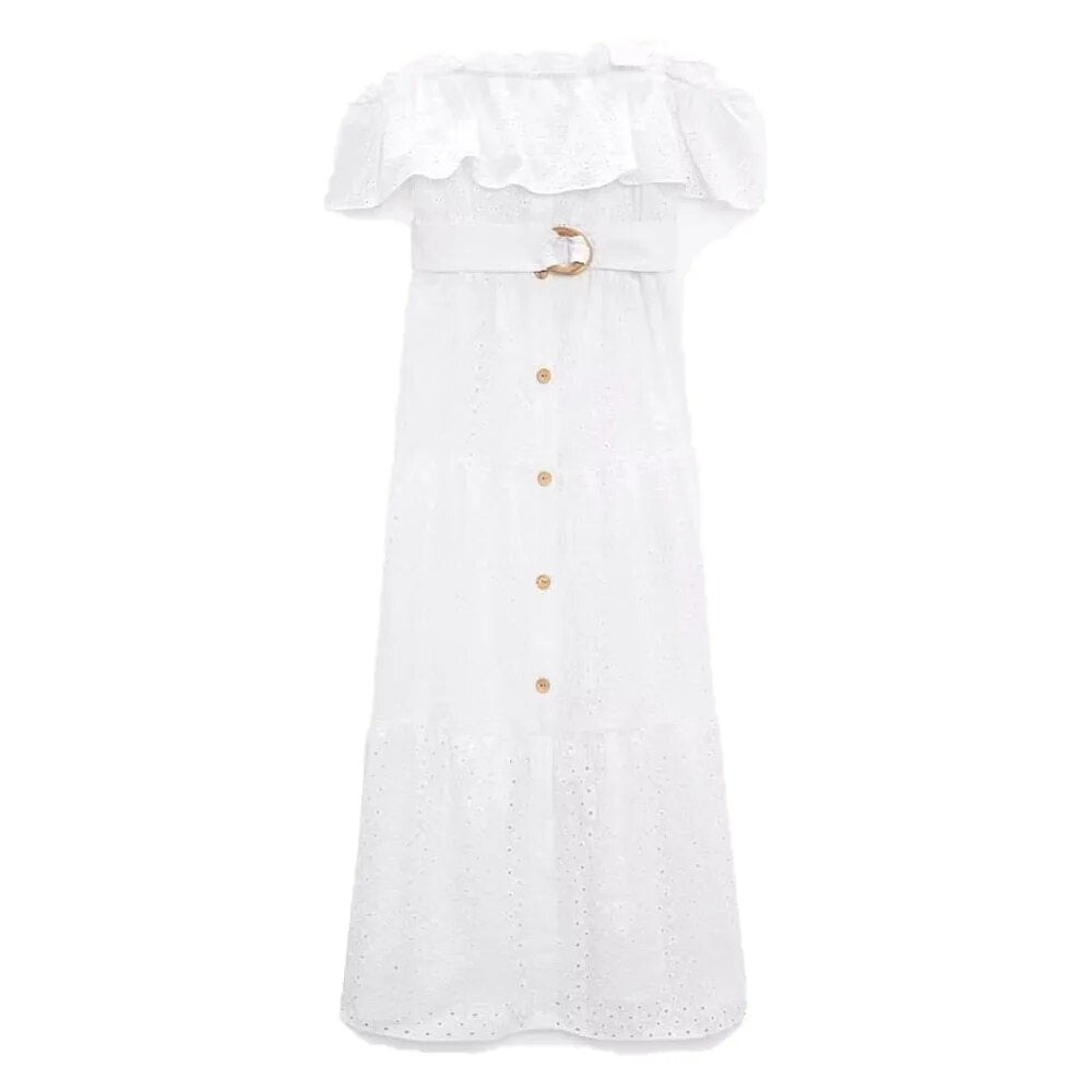 xakxx- New women's fashion casual vitality elegant same fabric belt white temperament hollow embroidery midi dress