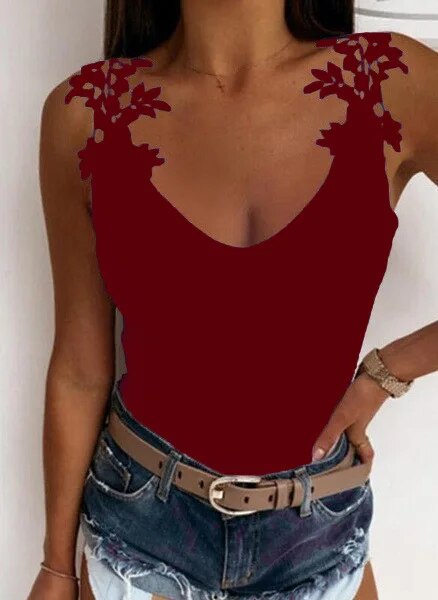 xakxx- Lace Petal Tank Top Solid Color Ladies T-Shirt Women Oversize Hollow sleeveless V-Neck Slim Casual Tops Tee Tunic