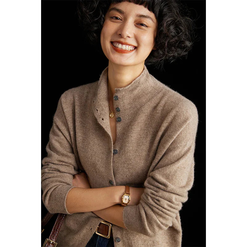 xakxx xakxx-Wool cardigan women's semi-high-necked solid color long-sleeved cashmere coat is slim and versatile knitted sweater.