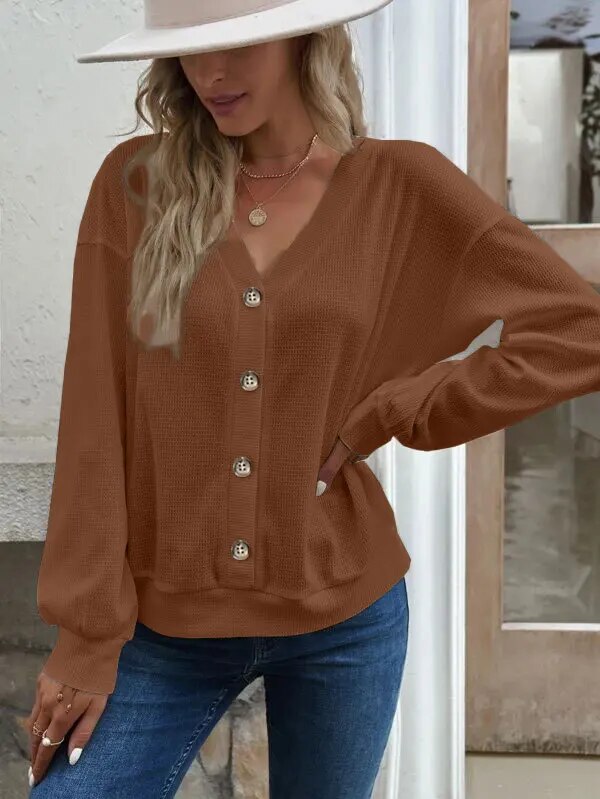 xakxx- 6 Colors Lightweight Jacket Women Button V-Neck Long Sleeve Short Coat Female Autumn Solid Cardigan Casual Loose Tops