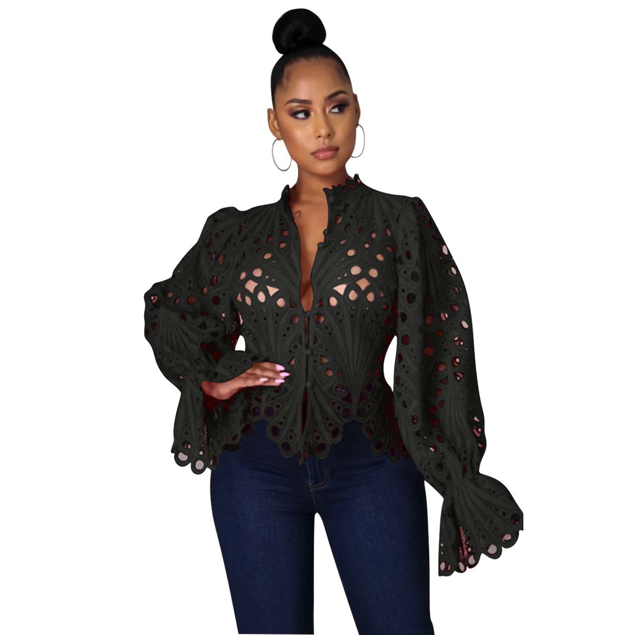 xakxx Women White Lace V Neck Hollow Out T-Shirts Long Sleeve Blouse Eyelet Embroidery Button Front Bell Sleeve Tops