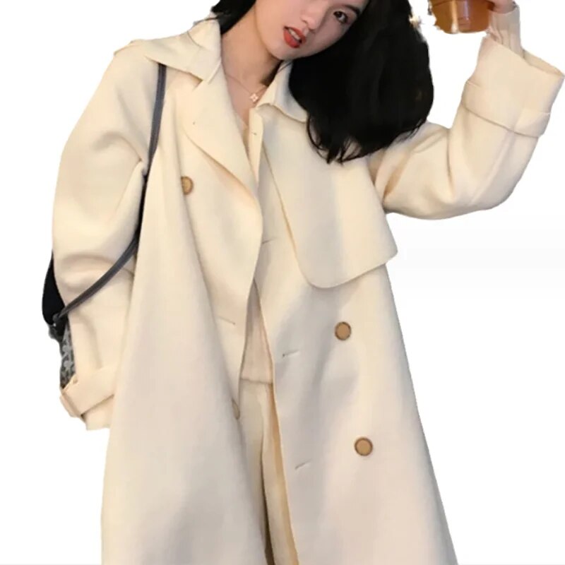 xakxx xakxx-Double-sided Tweed Coat Women Autumn Winter Fashion Loose Long Warm Black Beige Khaki Tweed Trench Coat For Women