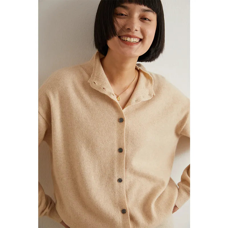 xakxx xakxx-Wool cardigan women's semi-high-necked solid color long-sleeved cashmere coat is slim and versatile knitted sweater.