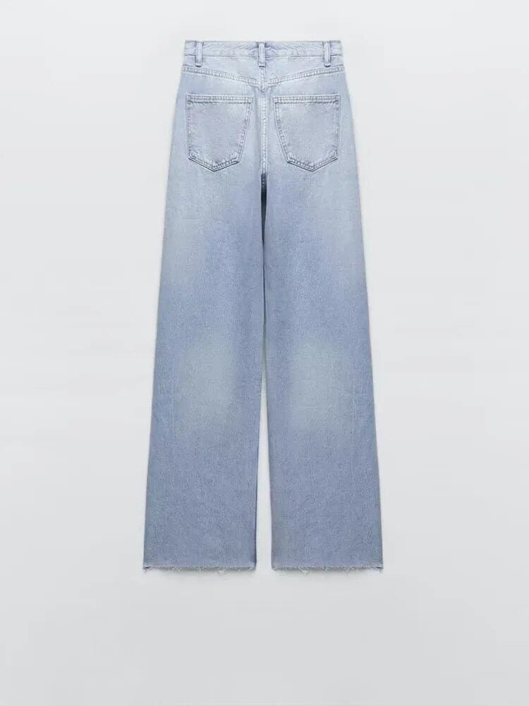 xakxx xakxx- New Women's Extra Long Wide Leg Zipper and Metal Button Closure High Waist Casual Wide Leg Jeans