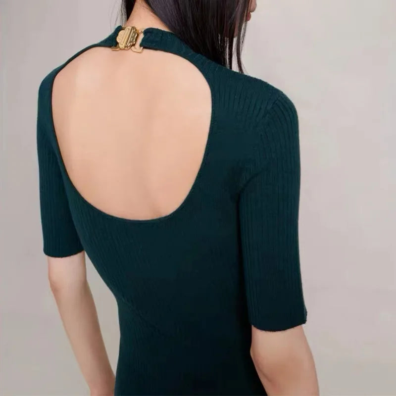 xakxx xakxx Women's Dress Autumn and Winter Female Clothing Elegant Backless Green Neck Knit Dress