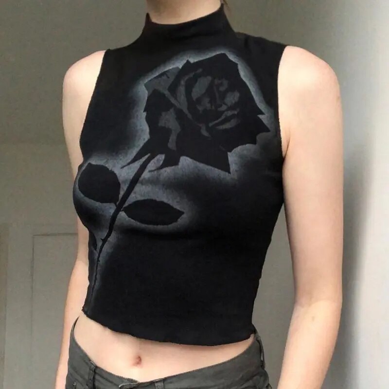 xakxx Harajuku Rose Flower Print Tank Top Women Summer Sleeveless High Neck Shirt Causal Vest Soft Loose Gothic Tee Shirt Femme
