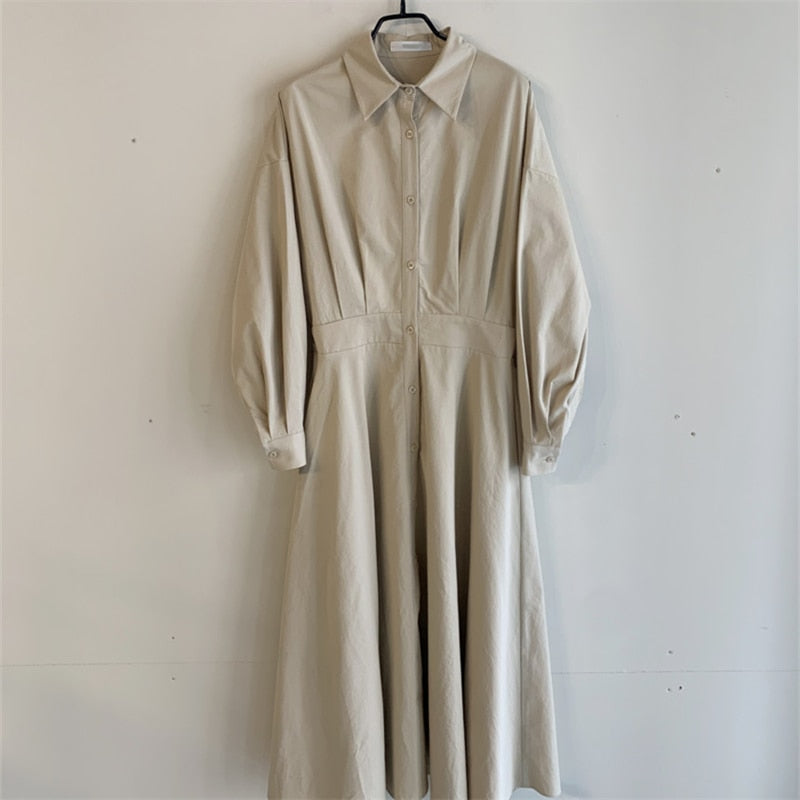 xakxx Spring Elegant Office Lady Vintage Office Puff Sleeve Shirt Dress Women Casual Single-Breasted A-Line Dresses