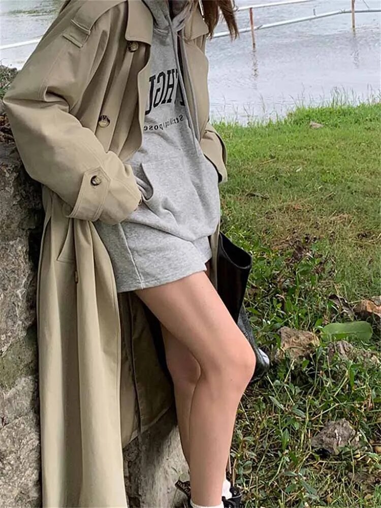 xakxx xakxx-Khaki Long Windbreaker Trench Coat Women Autumn Fashion Chic British Style Double Breasted Trench Coat For Women Plus Size