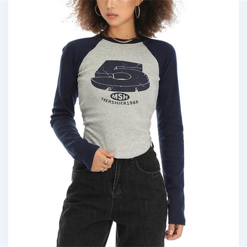 xakxx Women Retro T-Shirt Slim Crop Top Korean Fashion Print Grunge Pullovers Vintage Long Sleeve Tee pop Tops Grunge Tee blusas
