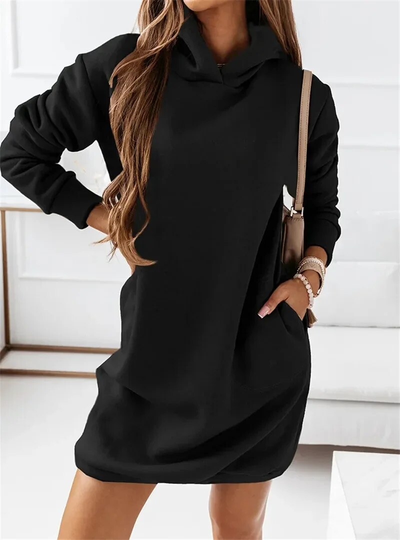xakxx- Fashion Hooded Mini Dresses Women Pocket Sweatshirts Casual Dress Female Autumn Winter Solid Color Long Sleeve Vestido