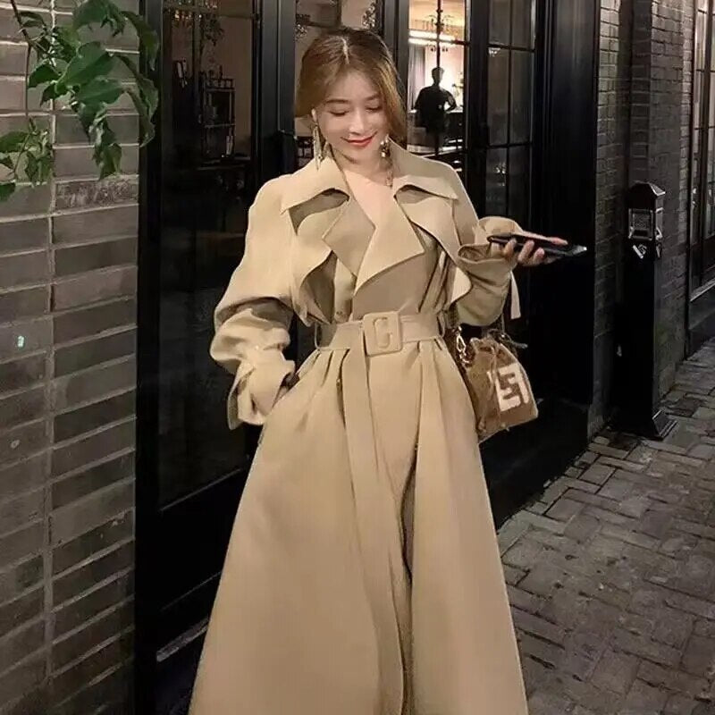 xakxx xakxx-Beige Trench Coat Women Long Windbreaker Autumn Fashion Chic British Style Double Breasted Overcoat Trench Coat For Women
