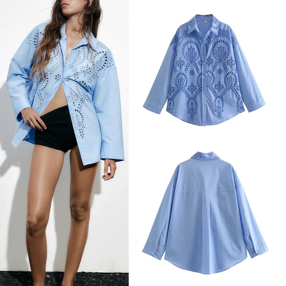 xakxx xakxx - New Women's Casual Tone Hollow Embroidery Decoration Front Button Closure Long Sleeve Lapel Collar Hollow Embroidery Shirt