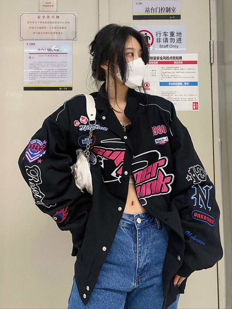 xakxx Gothic Punk Embroidery Sweatshirts Women Harajuku Zip Up Oversize Hoodies Black Loose Casual Tops Jacket Vintage Hippie